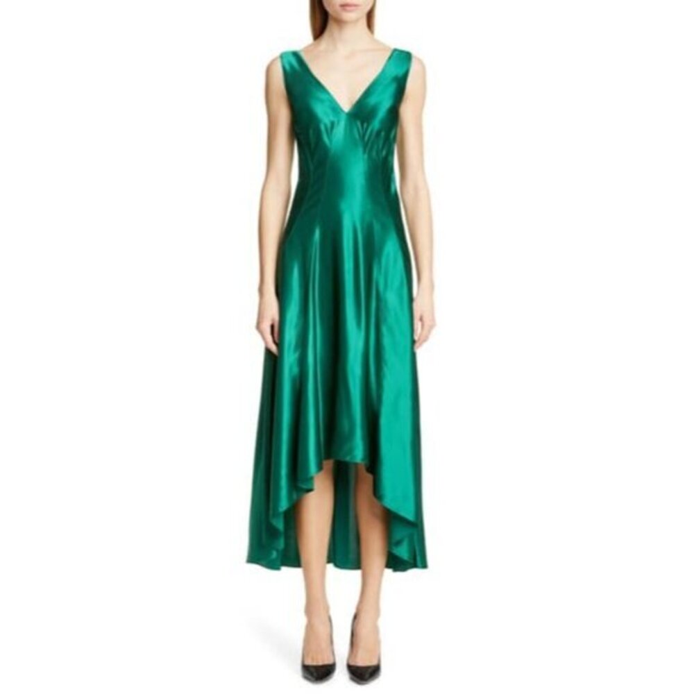 Sies Marjan Green Satin High Low Fit Flare Cocktail Dress SZ 6 NWT